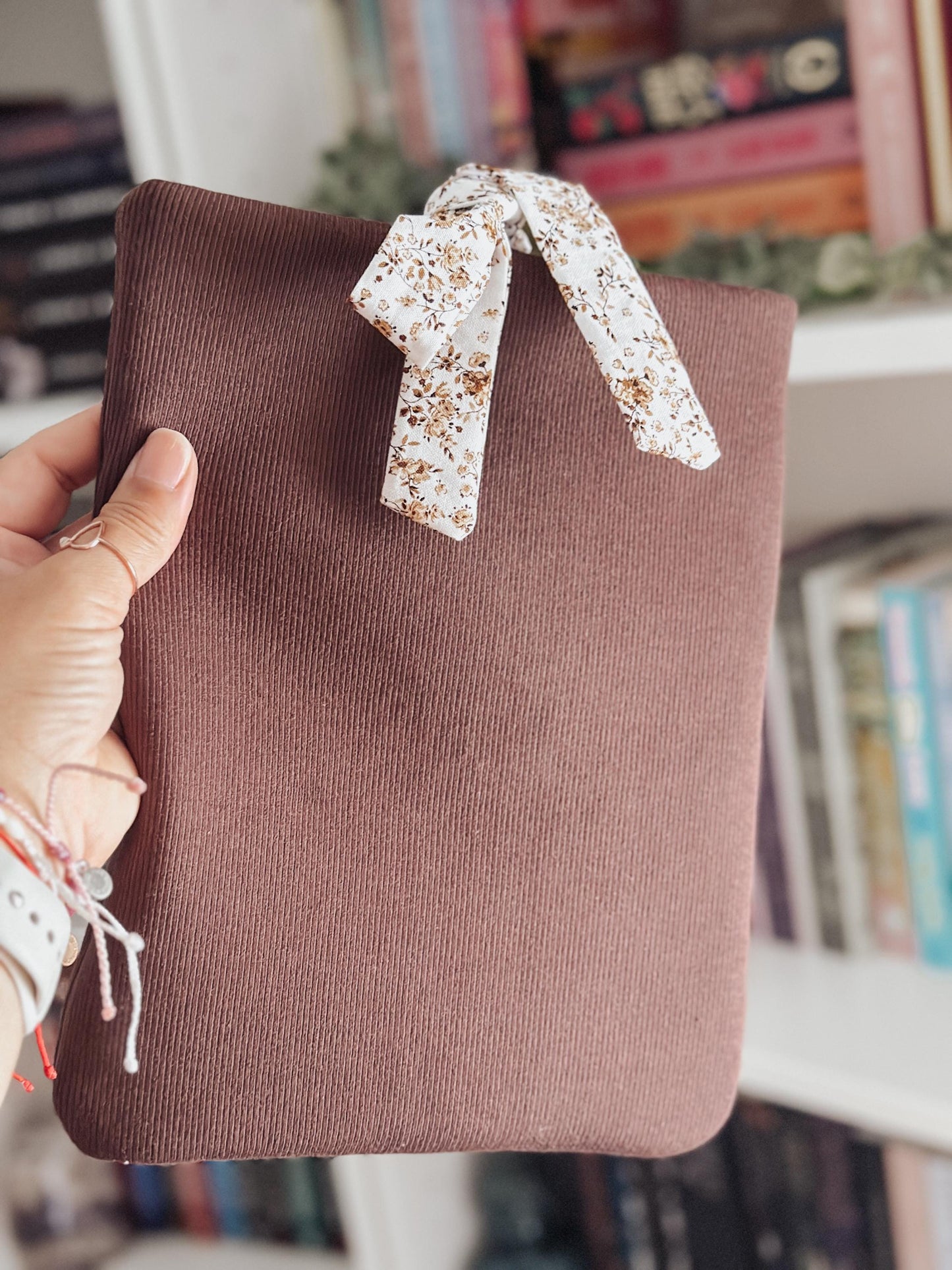 Brown Organic Book Fabric Sleeve| Pink Book Pouch with Bees Bow | Padded Book Cover | Book Lover Gift | Bookish Gift for Readers
